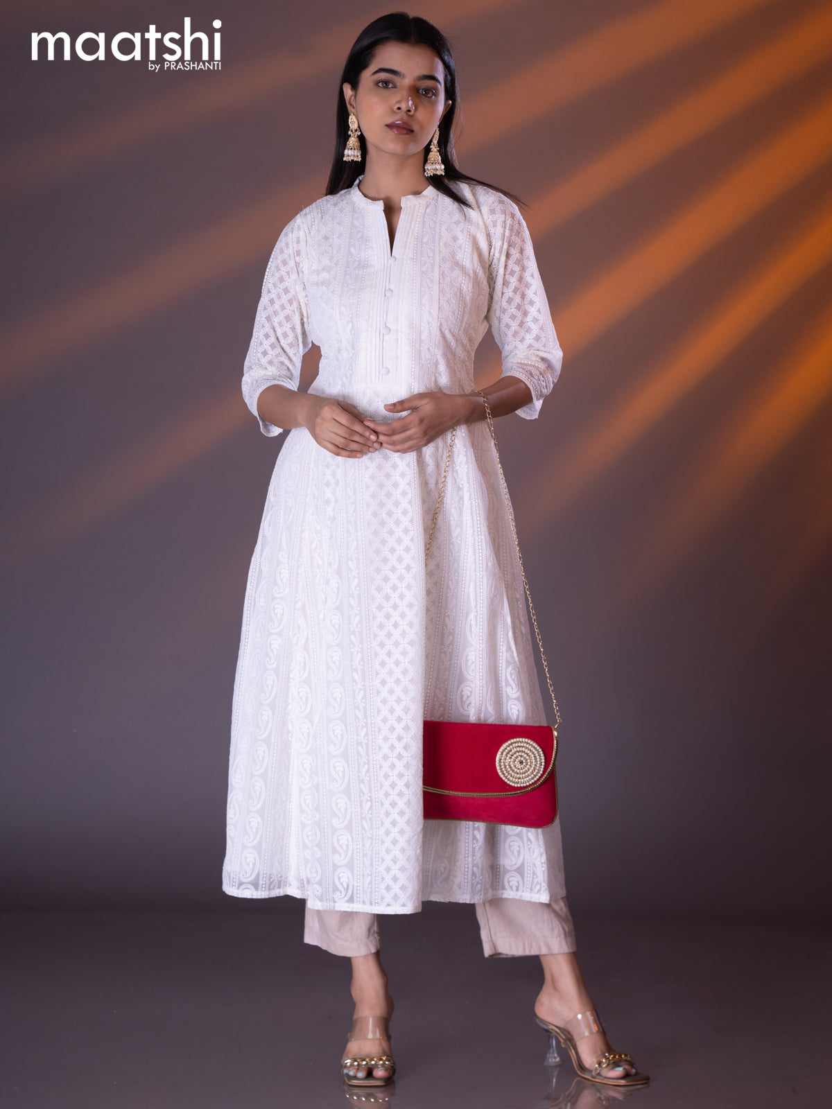 Semi georgette anarkali kurti off white with allover chikankari work & simple neck pattern without pant