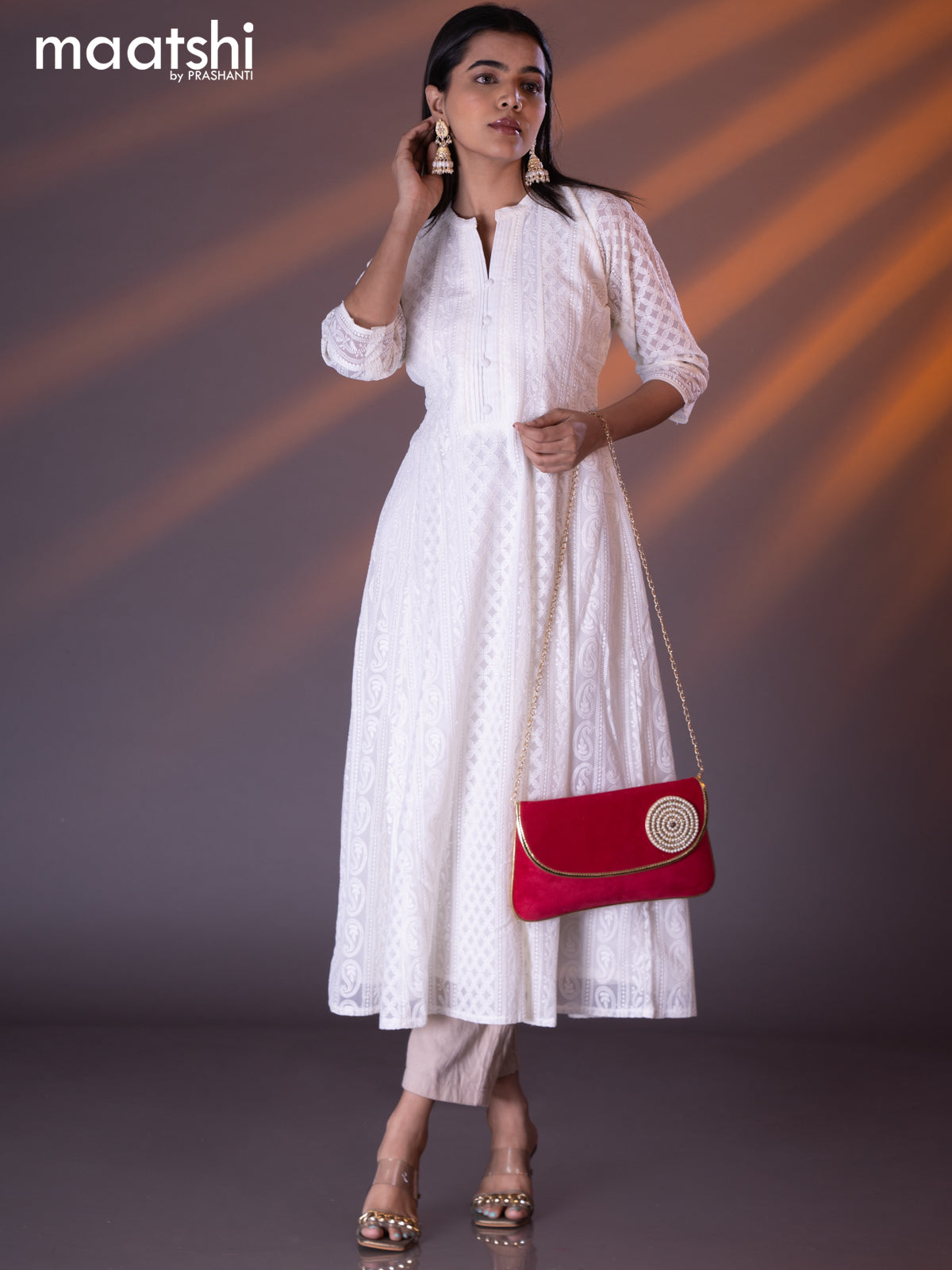 Semi georgette anarkali kurti off white with allover chikankari work & simple neck pattern without pant