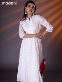 Semi georgette anarkali kurti off white with allover chikankari work & simple neck pattern without pant