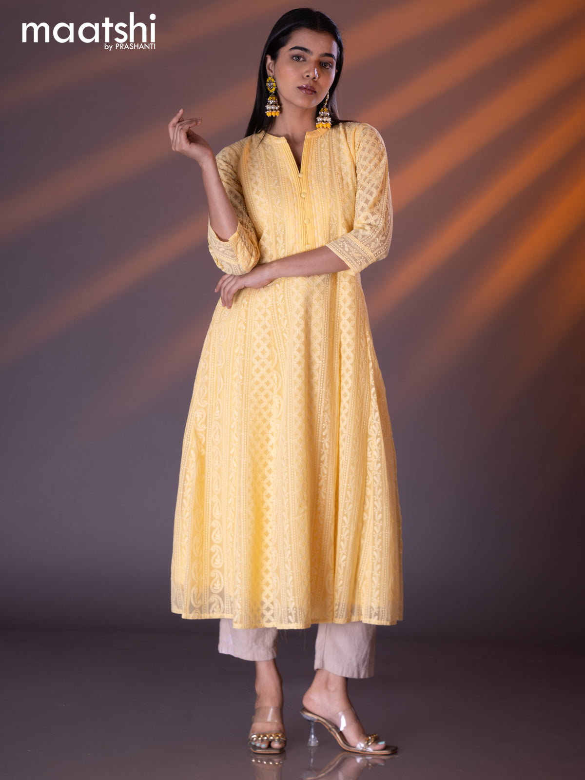 Semi georgette anarkali kurti yellow with allover chikankari work & simple neck pattern without pant