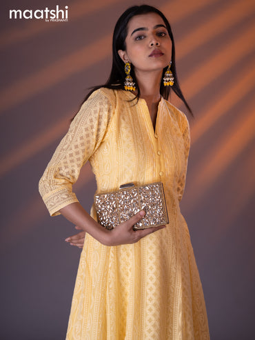 Semi georgette anarkali kurti yellow with allover chikankari work & simple neck pattern without pant