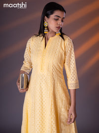 Semi georgette anarkali kurti yellow with allover chikankari work & simple neck pattern without pant