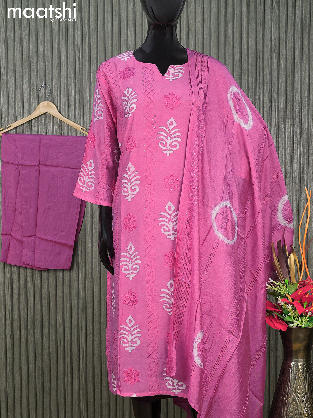 Semi chanderi readymade salwar suit pink shade with batik prints & sequin work and straight cut pant & dupatta