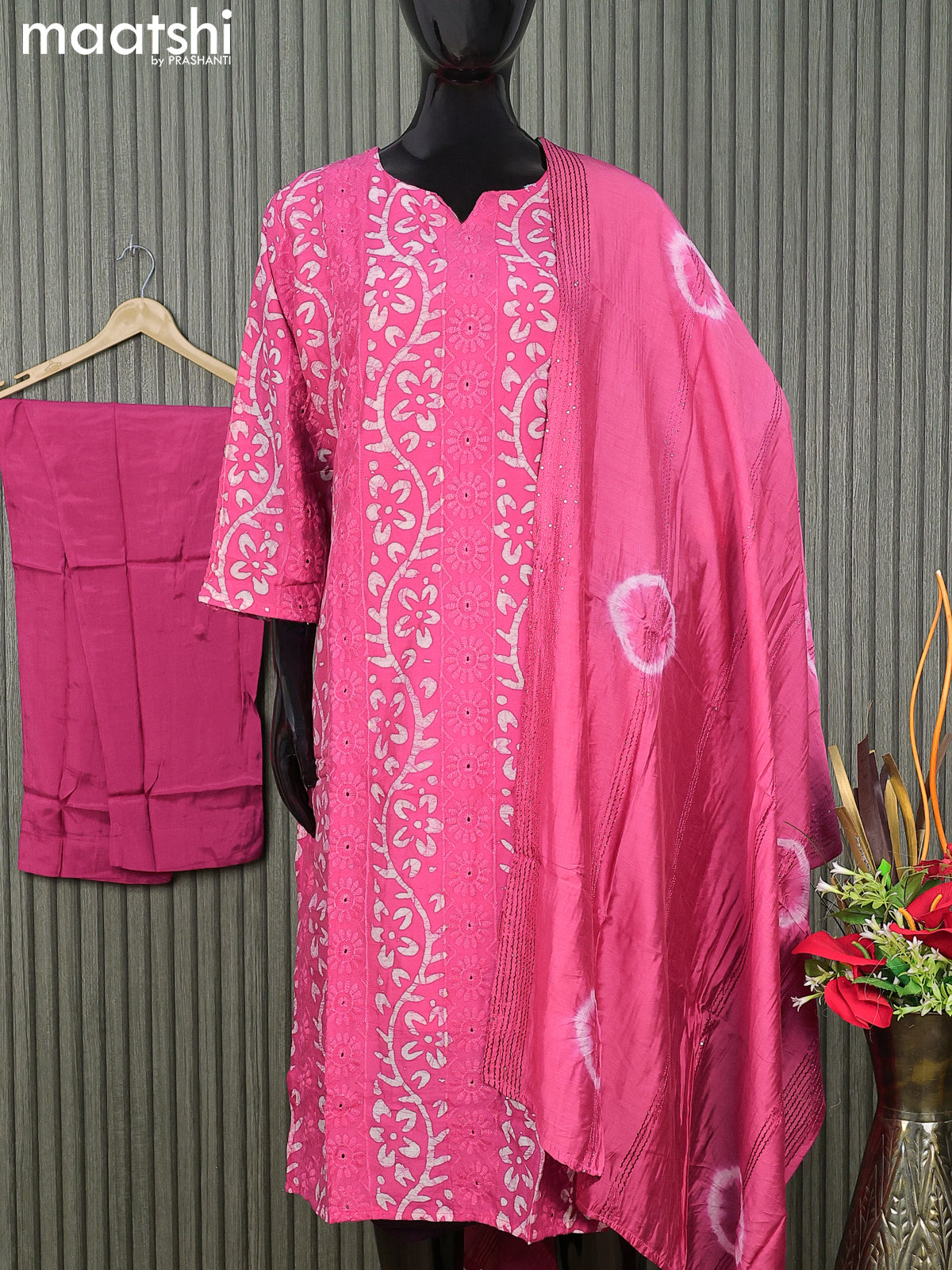 Semi chanderi readymade salwar suit pink with batik prints & embroidery work and straight cut pant & sequin work dupatta