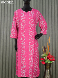 Semi chanderi readymade salwar suit pink with batik prints & embroidery work and straight cut pant & sequin work dupatta