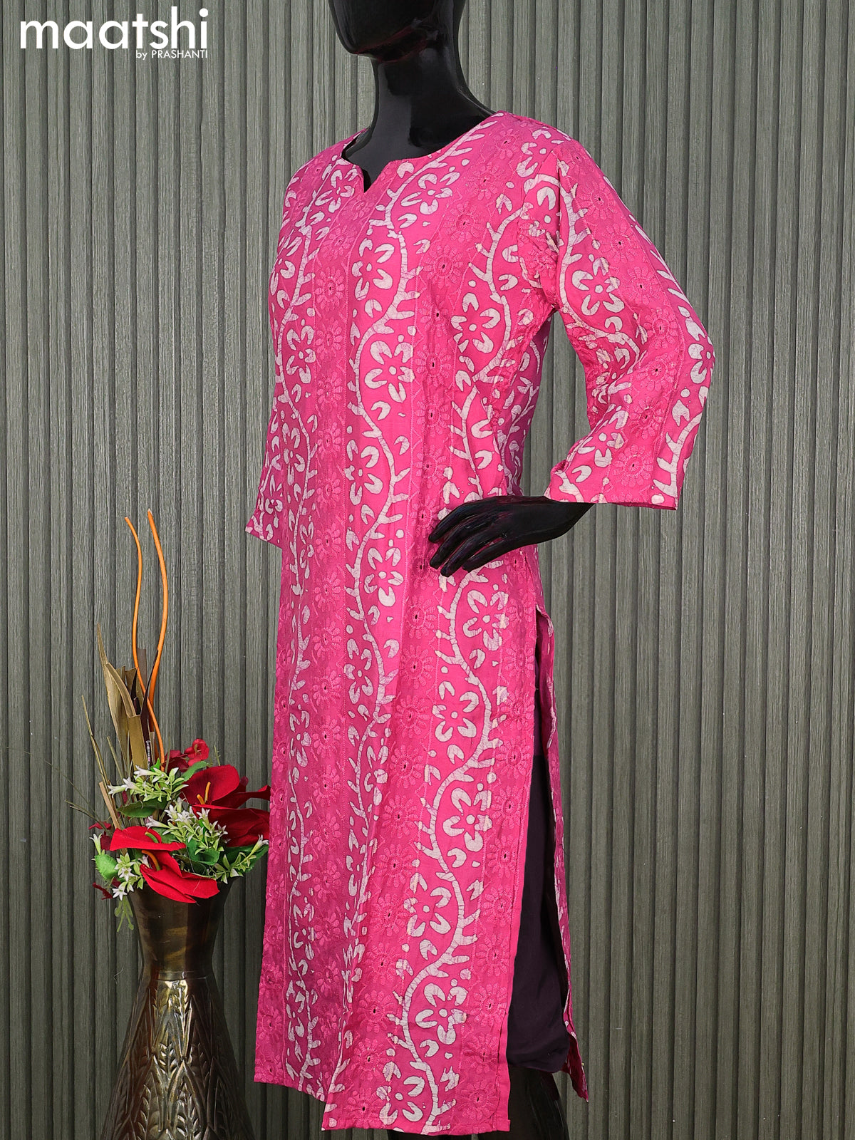 Semi chanderi readymade salwar suit pink with batik prints & embroidery work and straight cut pant & sequin work dupatta