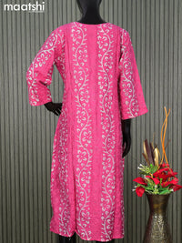 Semi chanderi readymade salwar suit pink with batik prints & embroidery work and straight cut pant & sequin work dupatta