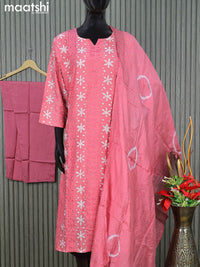 Semi chanderi readymade salwar suit pink shade with batik prints & embroidery work and straight cut pant & sequin work dupatta