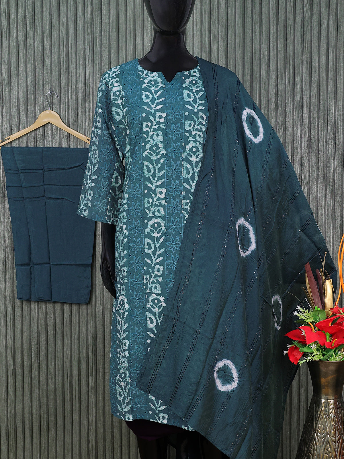 Semi chanderi readymade salwar suit peacock blue with batik prints & embroidery work and straight cut pant & sequin work dupatta