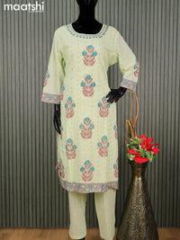 Cotton readymade salwar suit pista green with allover embroidery hakoba work and straight cut pant & cotton dupatta