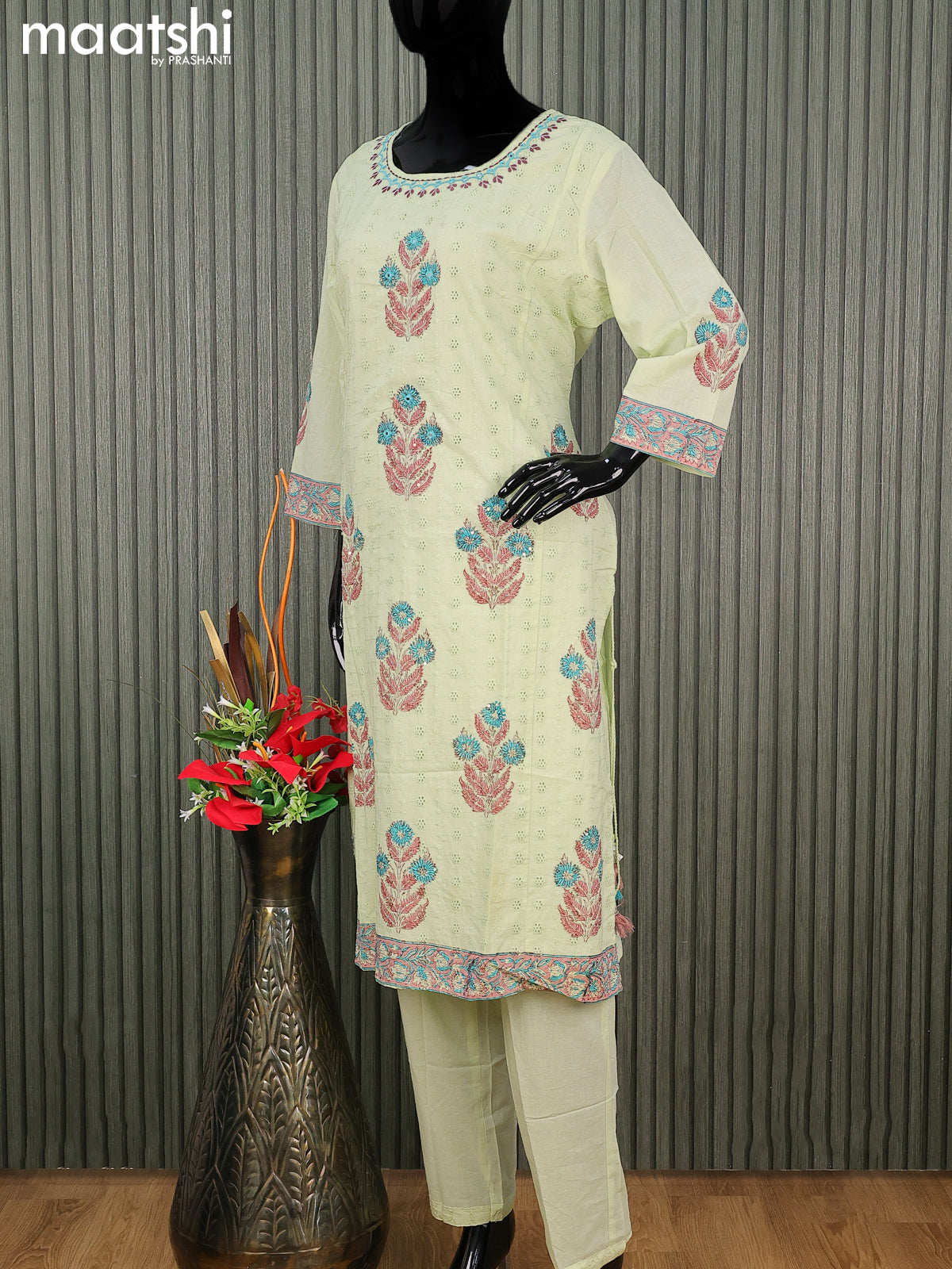 Cotton readymade salwar suit pista green with allover embroidery hakoba work and straight cut pant & cotton dupatta