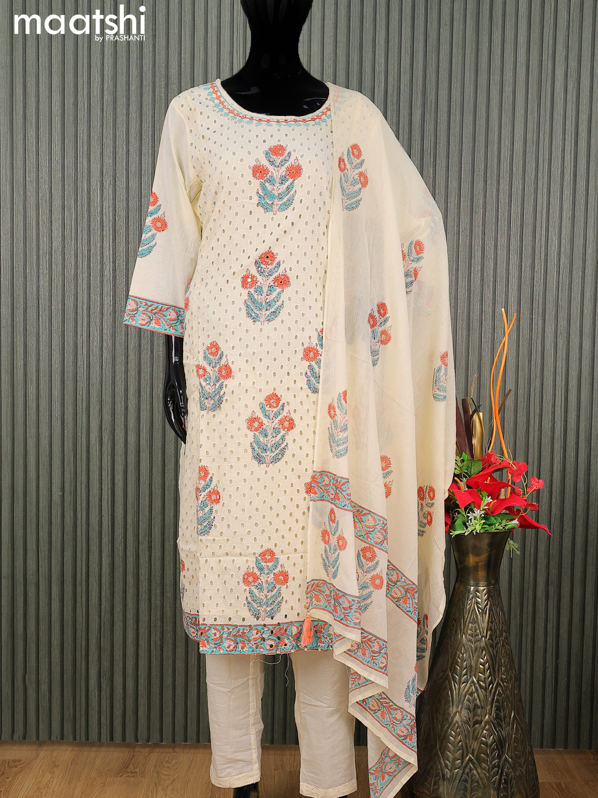 Cotton readymade salwar suit cream with allover embroidery hakoba work and straight cut pant & cotton dupatta