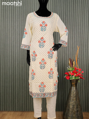 Cotton readymade salwar suit cream with allover embroidery hakoba work and straight cut pant & cotton dupatta