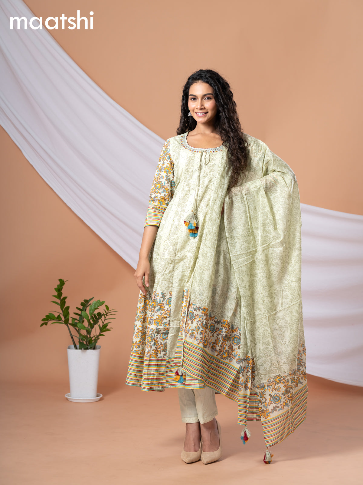 Cotton readymade anarkali salwar suits pastel green with hakoba work prints & embroidery mirror work neck pattern and straight cut pant & cotton dupatta