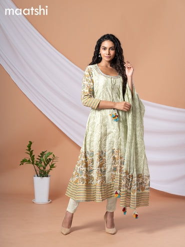 Cotton readymade anarkali salwar suits pastel green with hakoba work prints & embroidery mirror work neck pattern and straight cut pant & cotton dupatta