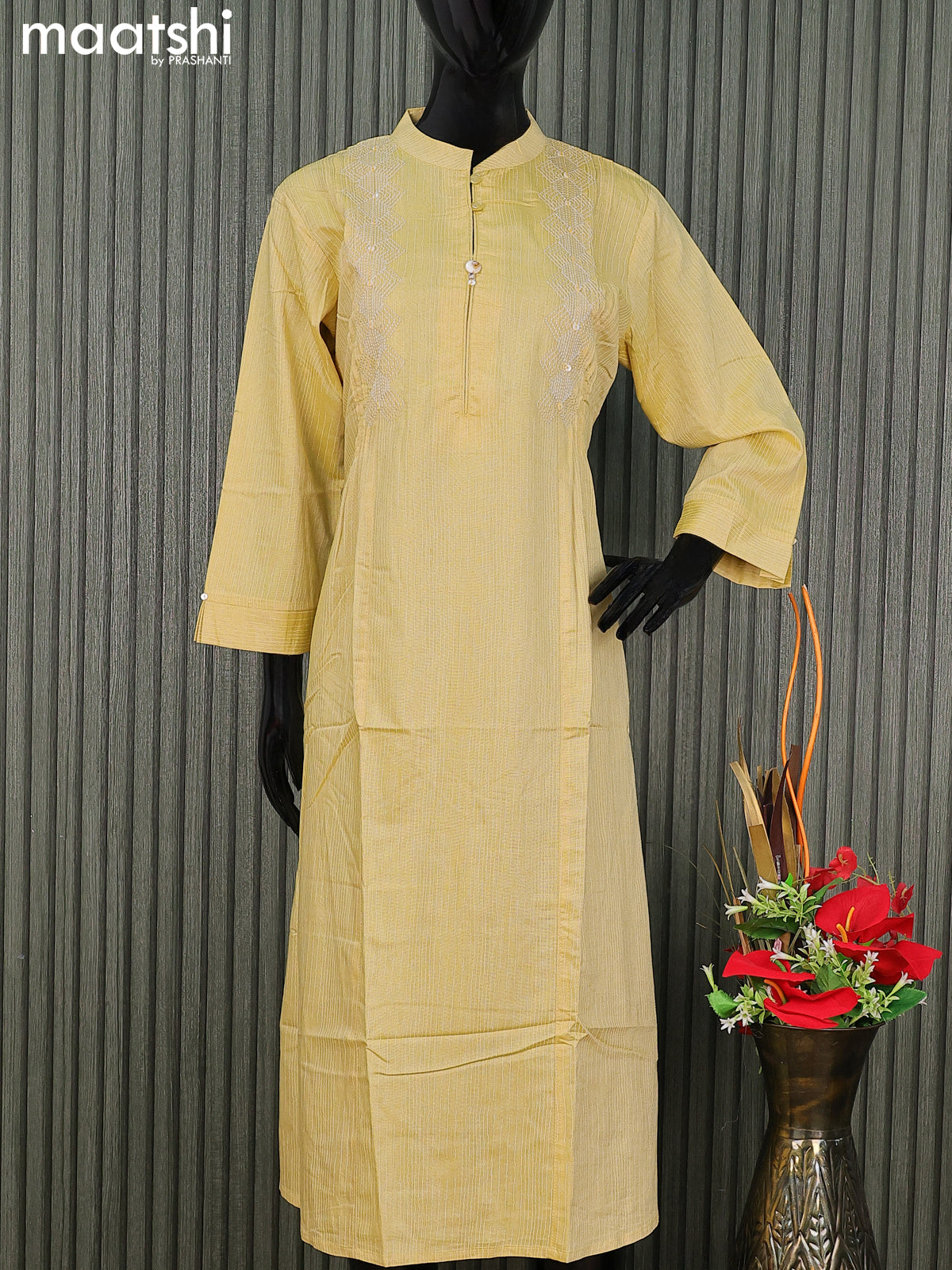 Rayon readymade kurti pale yellow with embroidery work & simple neck pattern without pant