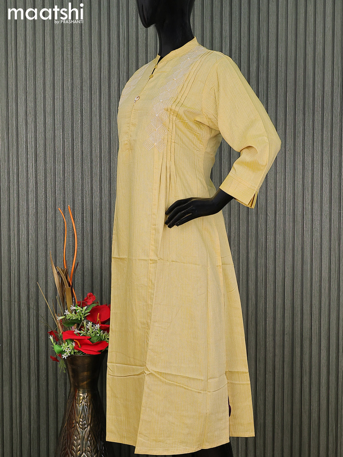 Rayon readymade kurti pale yellow with embroidery work & simple neck pattern without pant