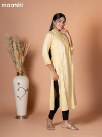 Rayon kurti pale yellow with embroidery work & simple neck pattern without pant