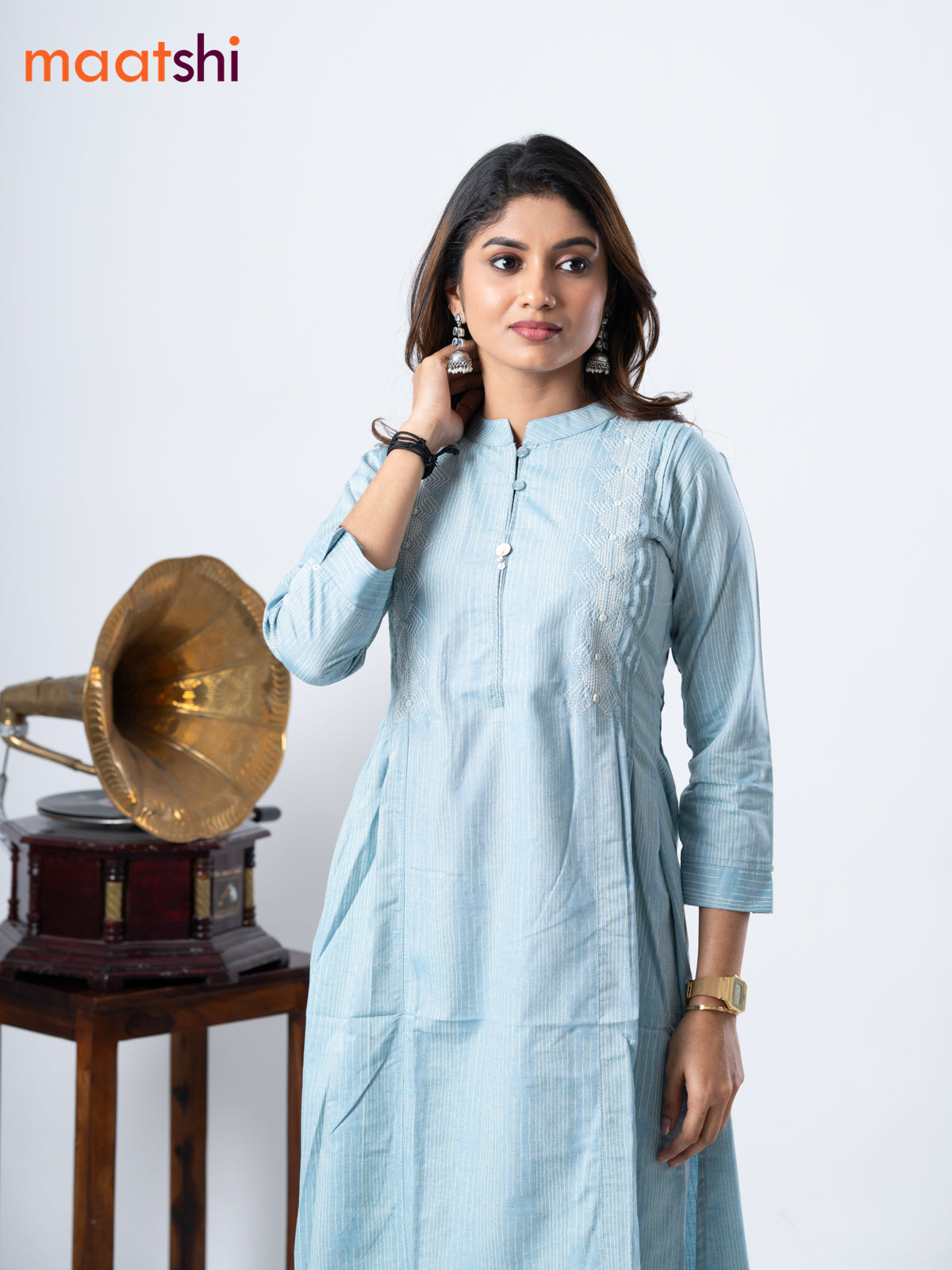 Rayon kurti blue shade with embroidery work & simple neck pattern without pant