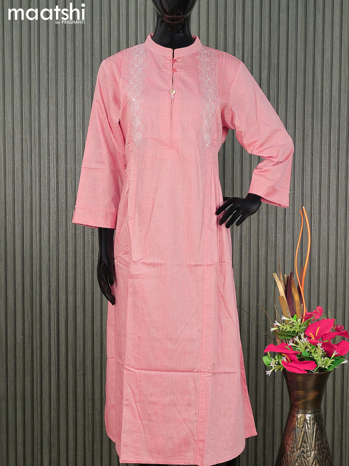 Rayon readymade kurti peach shade with embroidery work & simple neck pattern without pant