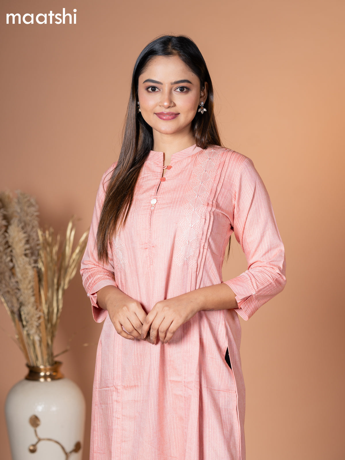 Rayon kurti peach shade with embroidery work & simple neck pattern without pant