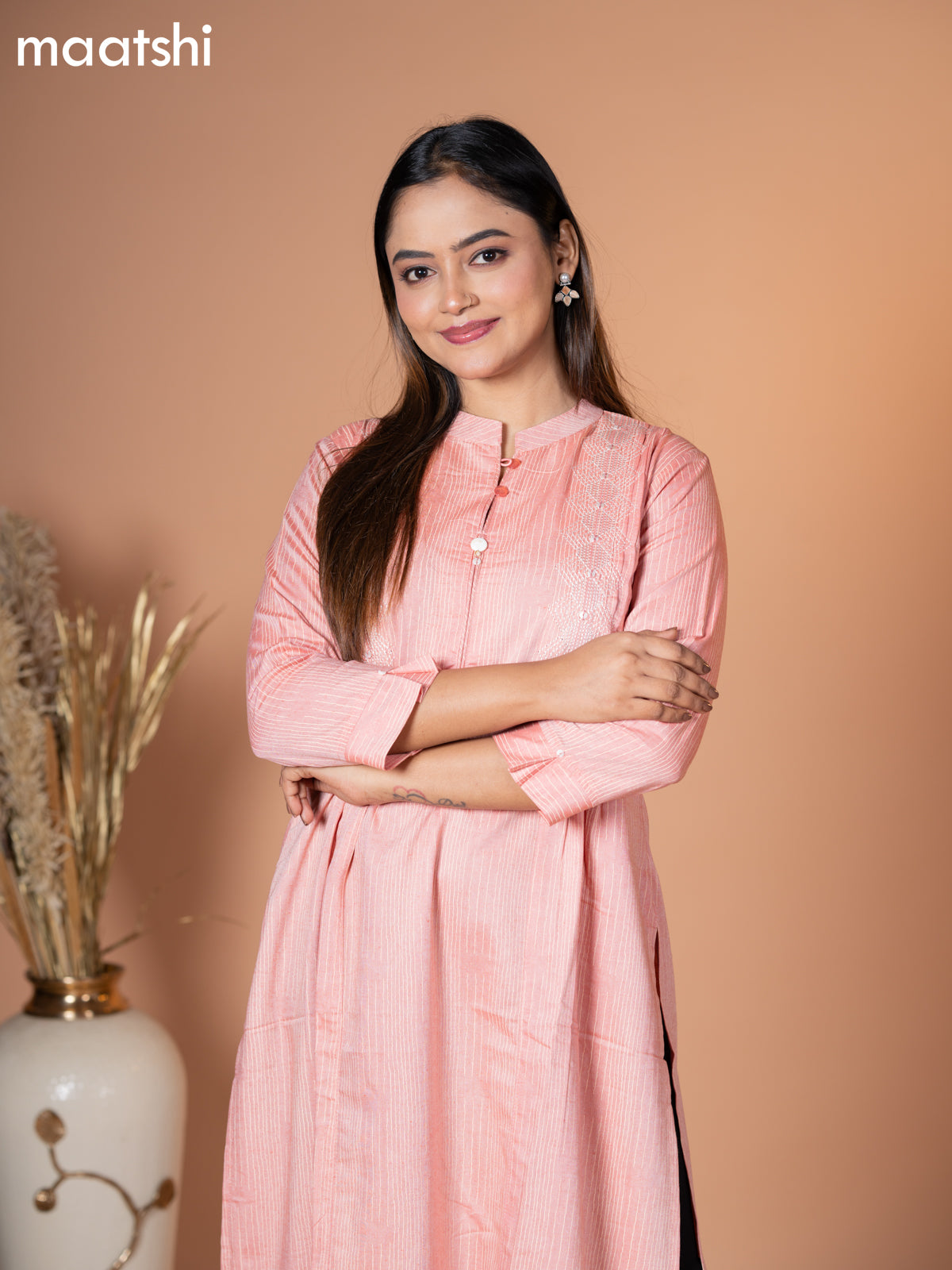 Rayon kurti peach shade with embroidery work & simple neck pattern without pant