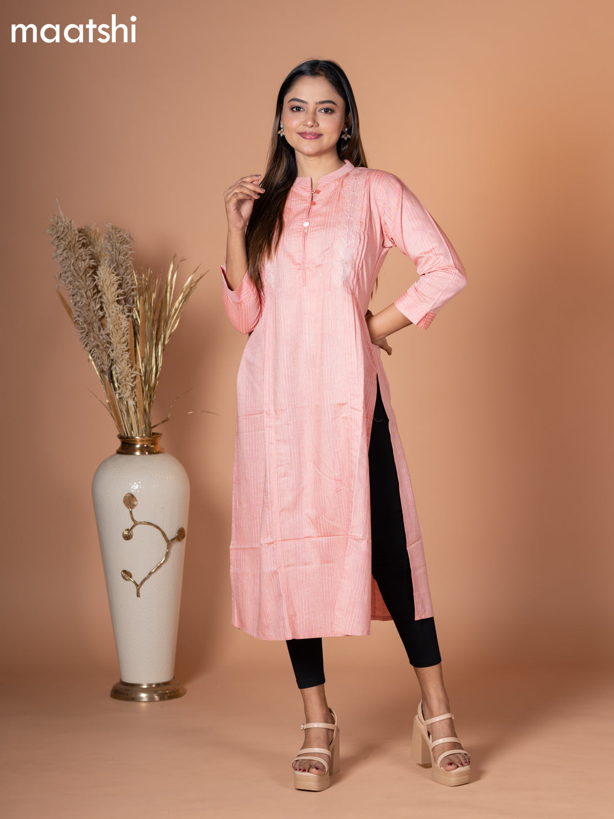 Rayon kurti peach shade with embroidery work & simple neck pattern without pant