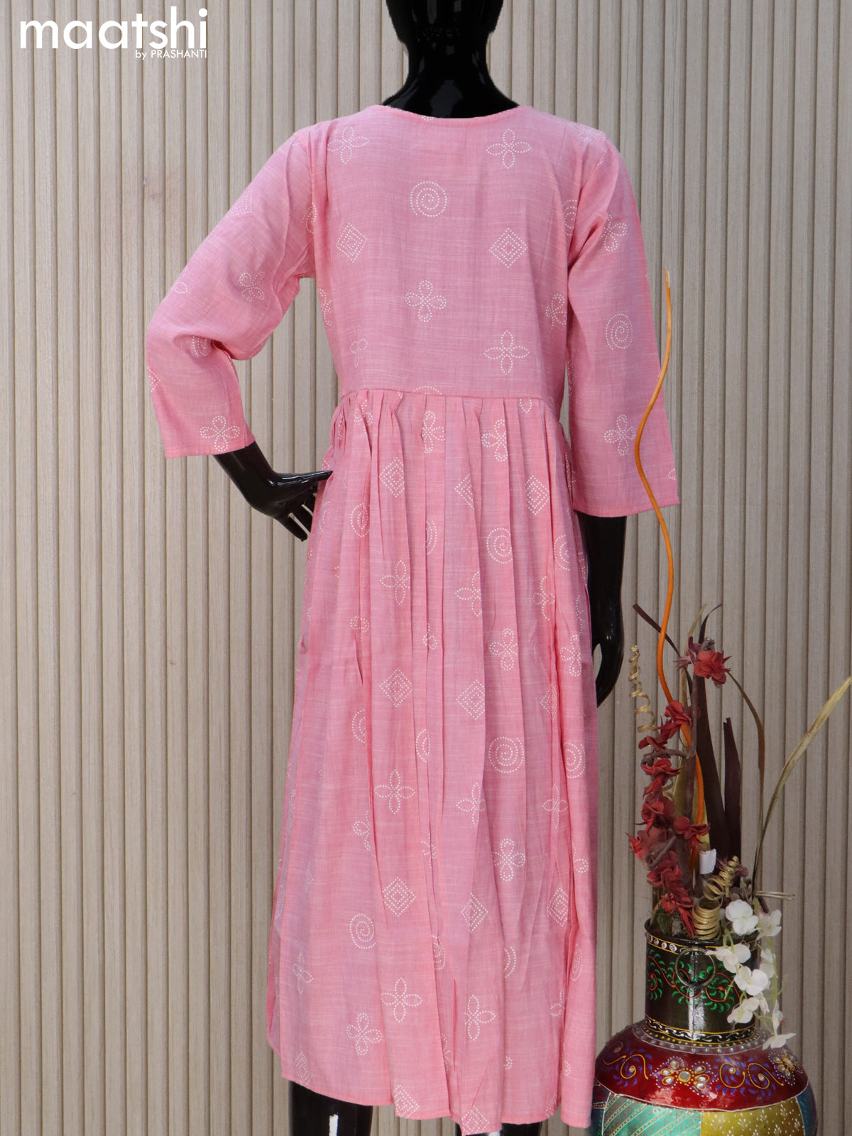 Rayon readymade umbrella kurti light pink with prints & sequin work neck pattern without pant