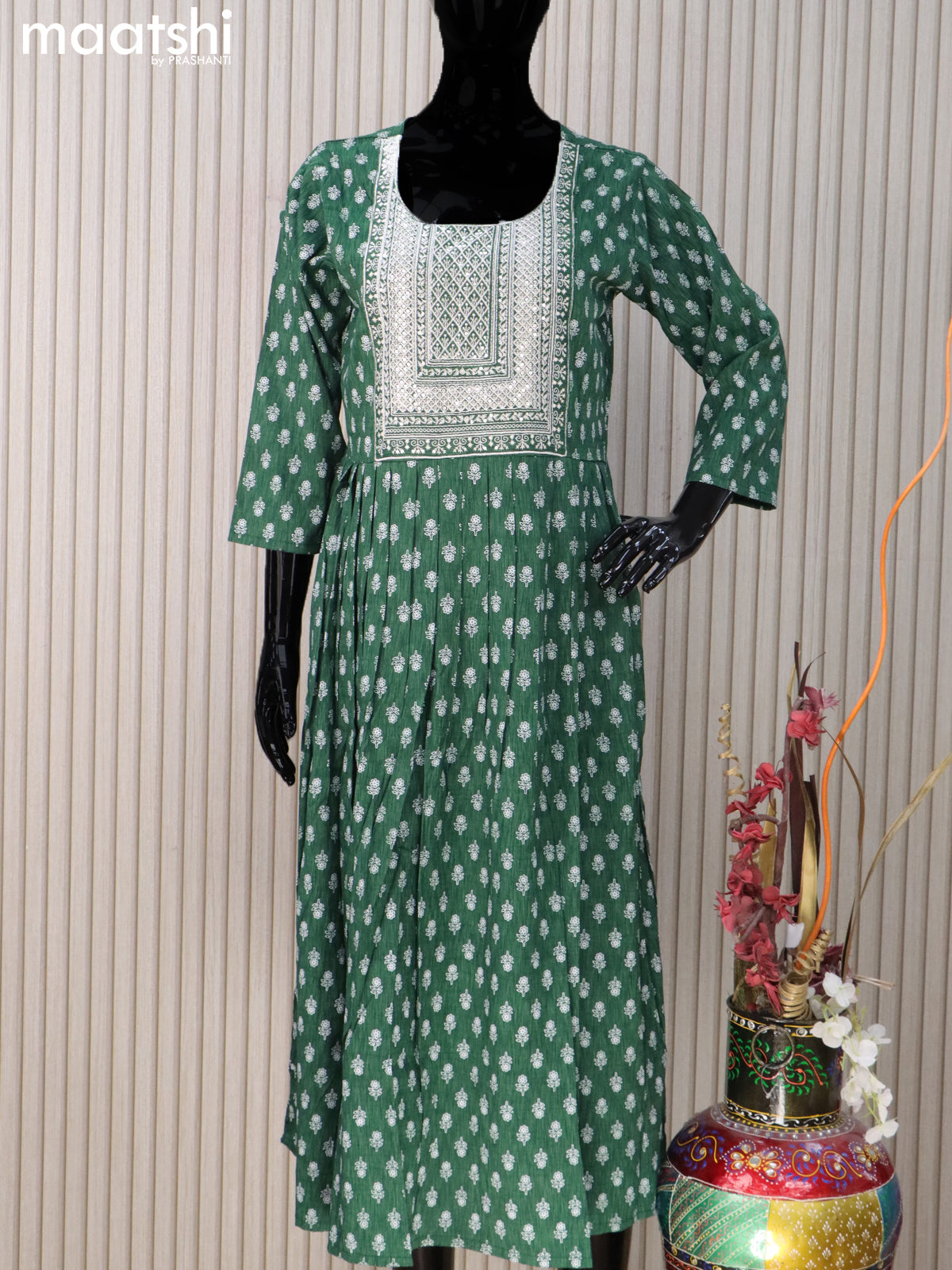 Rayon readymade umbrella kurti dark green with floral butta prints & embroidery sequin work neck pattern without pant