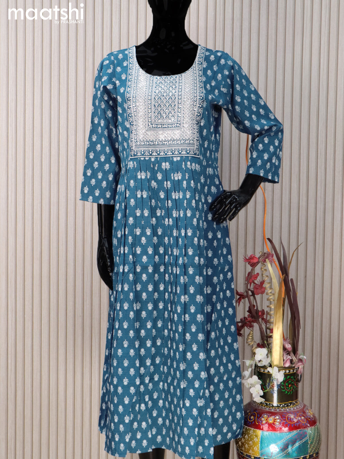 Rayon readymade umbrella kurti indigo blue with floral butta prints & embroidery sequin work neck pattern without pant