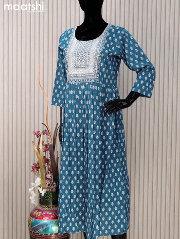 Rayon readymade umbrella kurti indigo blue with floral butta prints & embroidery sequin work neck pattern without pant