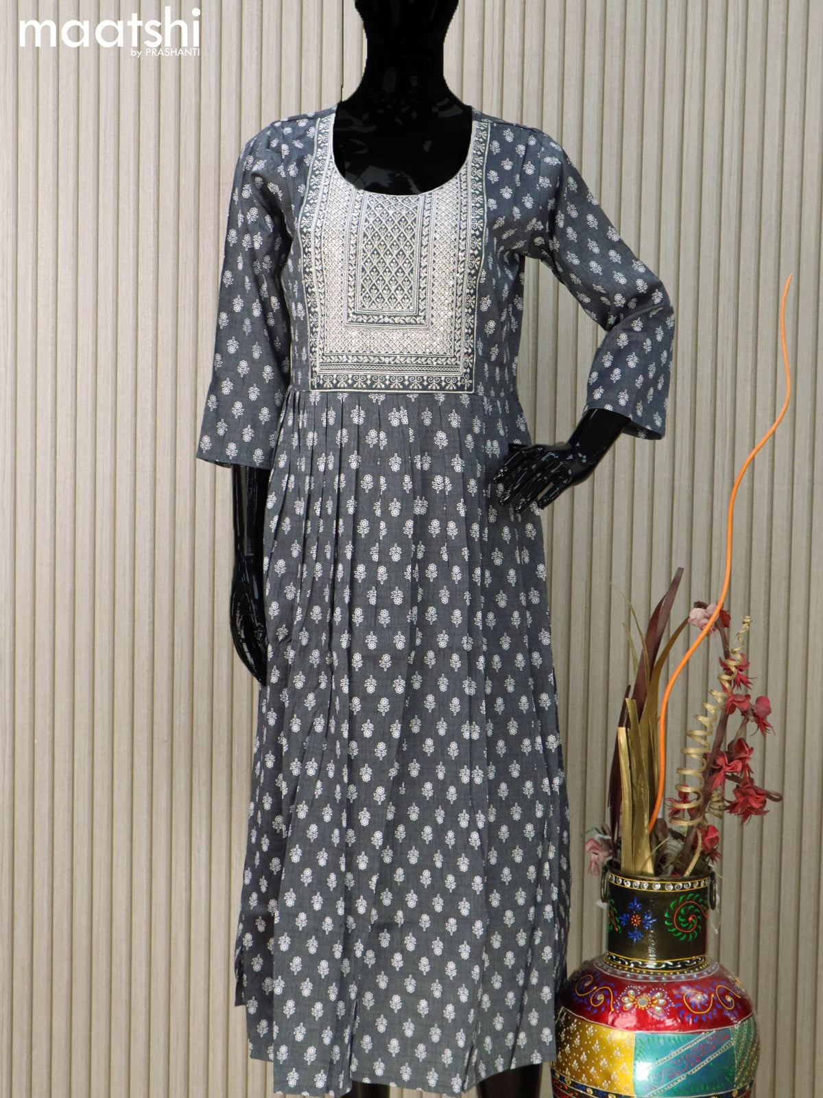 Rayon readymade umbrella kurti elephant grey with floral butta prints & embroidery sequin work neck pattern without pant