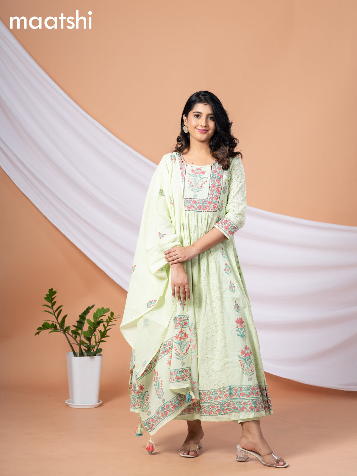 Cotton readymade anarkali salwar suits pista green with allover hakoba work & floral prints sequin work neck pattern and straight cut pant & cotton dupatta