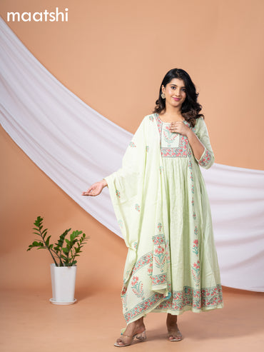 Cotton readymade anarkali salwar suits pista green with allover hakoba work & floral prints sequin work neck pattern and straight cut pant & cotton dupatta