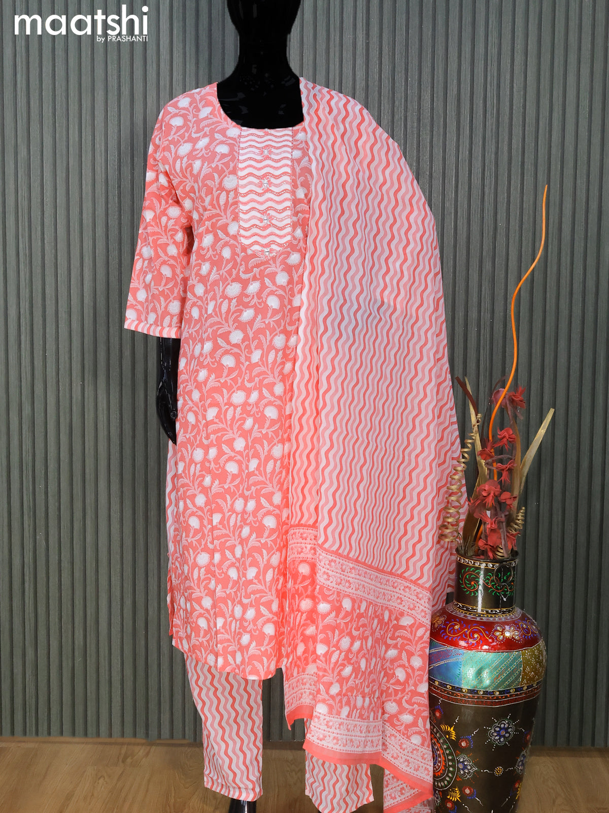 Cotton readymade salwar suits peach pink and off white with allover prints & embroidery work neck pattern and straight cut pant & cotton dupatta