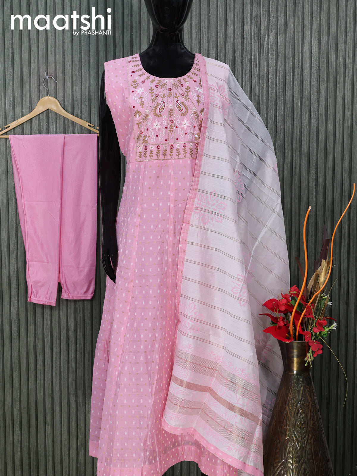 Chanderi readymade salwar suits light pink with zari buttas & embroidery mirror work neck pattern and straight cut pant & printed dupatta