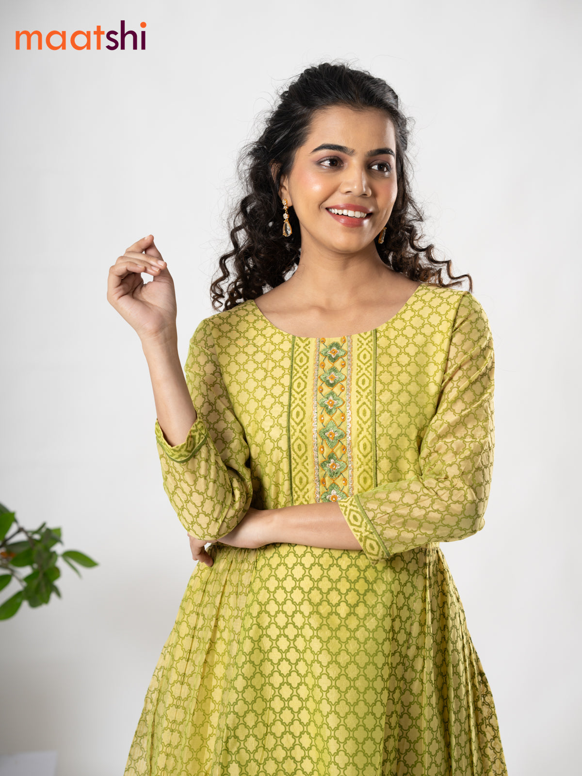 Chanderi floor length dress lime green with allover geometric prints & embroidery patch work neck pattern without pant