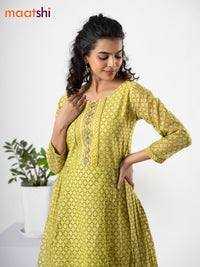 Chanderi floor length dress lime green with allover geometric prints & embroidery patch work neck pattern without pant