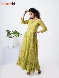 Chanderi floor length dress lime green with allover geometric prints & embroidery patch work neck pattern without pant