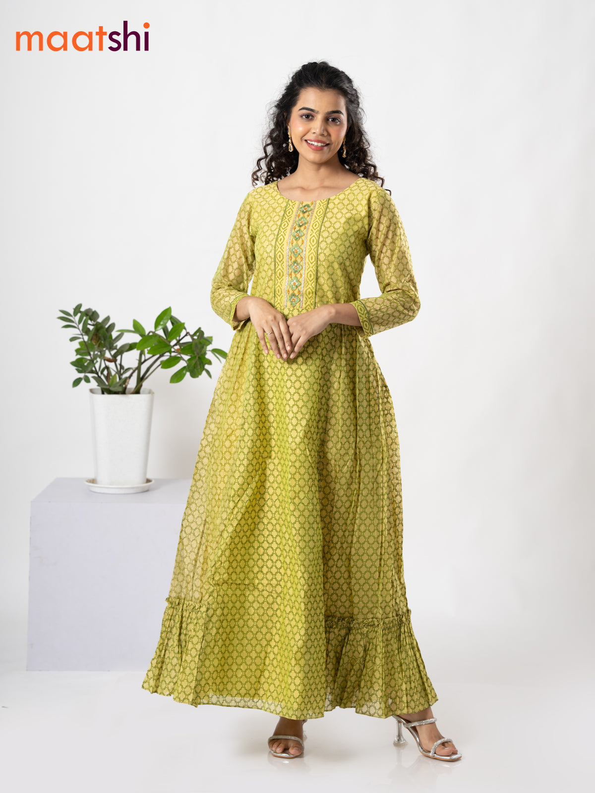 Chanderi floor length dress lime green with allover geometric prints & embroidery patch work neck pattern without pant