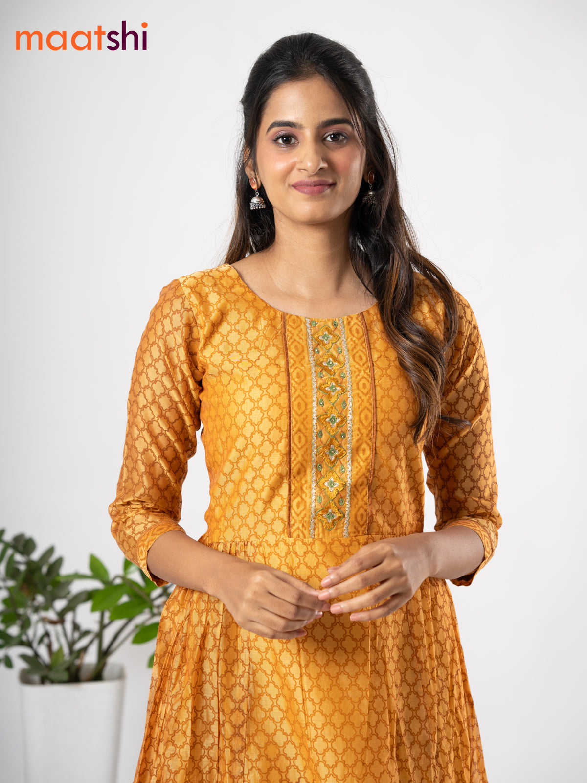 Chanderi floor length dress mustard shade with allover geometric prints & embroidery patch work neck pattern without pant