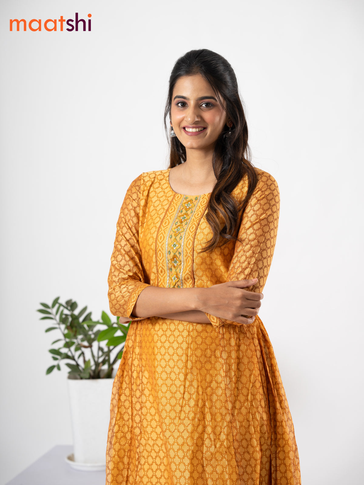 Chanderi floor length dress mustard shade with allover geometric prints & embroidery patch work neck pattern without pant