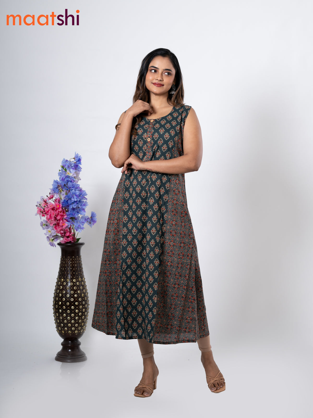 Cotton anarkali kurti bottle green with allover butta prints & simple neck pattern without pant - sleeve attached