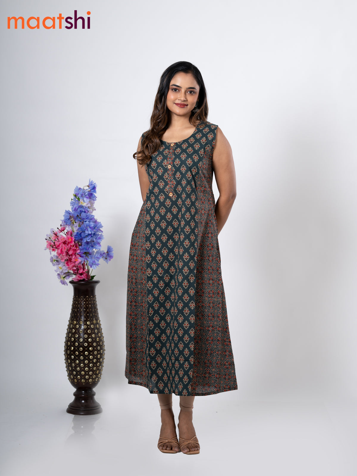 Cotton anarkali kurti bottle green with allover butta prints & simple neck pattern without pant - sleeve attached