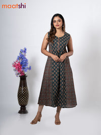 Cotton anarkali kurti bottle green with allover butta prints & simple neck pattern without pant - sleeve attached