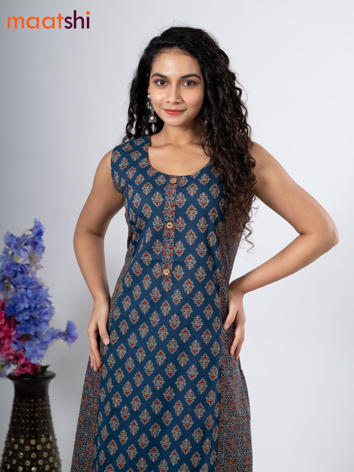 Cotton anarkali kurti dark blue with allover butta prints & simple neck pattern without pant - sleeve attached