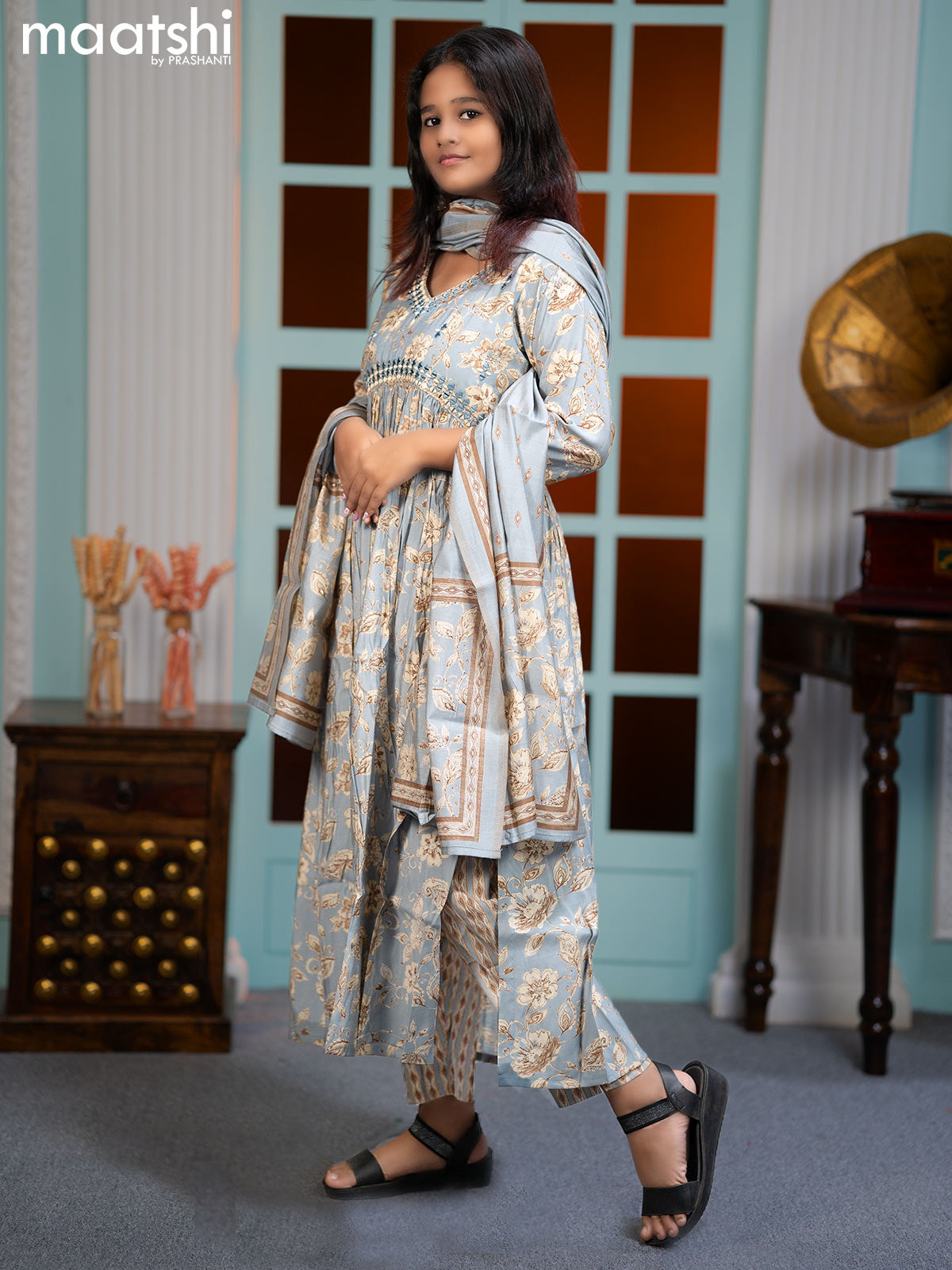 Muslin readymade alia cut salwar sutis pastel grey shade with allover floral prints & mirror work neck pattern and straight cut pant & printed dupatta