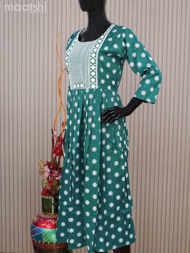 Rayon readymade umbrella kurti green with embroidery work neck pattern without pant