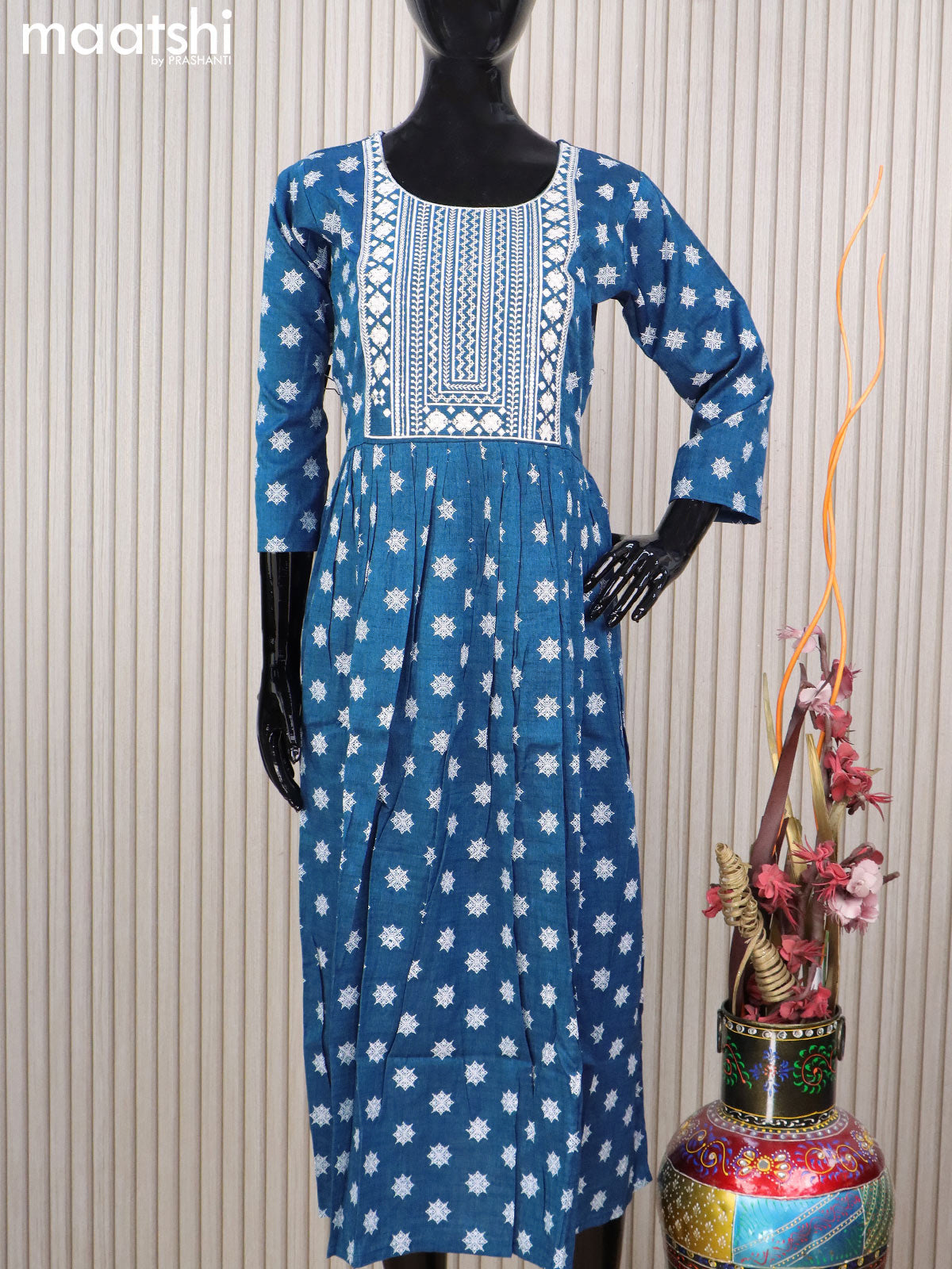 Rayon readymade umbrella kurti peacock blue with embroidery work neck pattern without pant