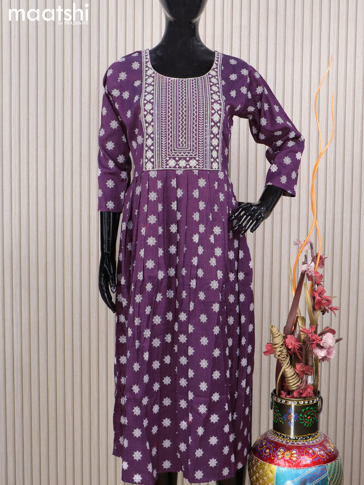 Rayon readymade umbrella kurti deep purple with embroidery work neck pattern without pant